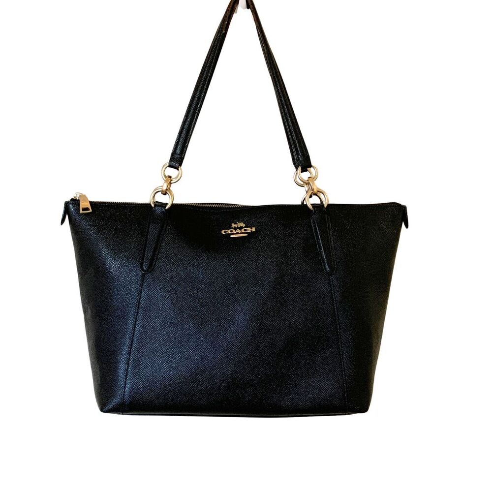 Coach Black Saffiano Leather Zip Top Tote Shoulder Bag Gold Hardware Work Purse